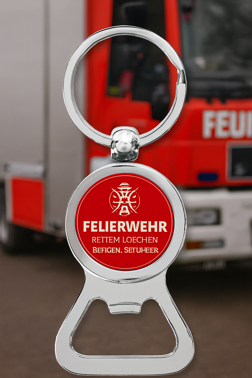 Werbeartikel: Metall-Schl�sselanh�nger=Feuerwehr Schl�sselanh�nger und Flaschen�ffner