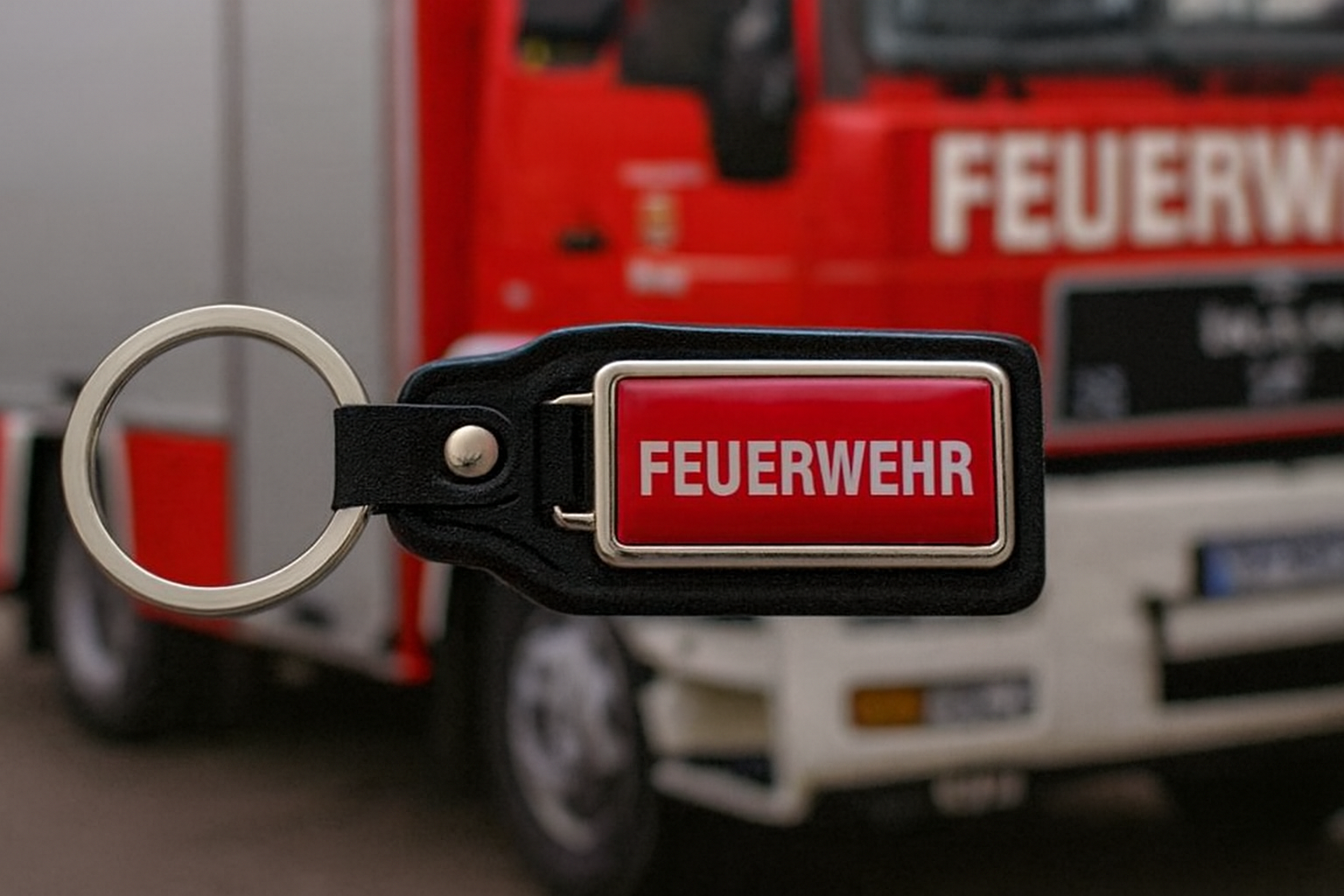 Werbeartikel: Leder-schl�sselanh�nger=Schl�sselanh�nger f�r Feuerwehr mit Doming Label