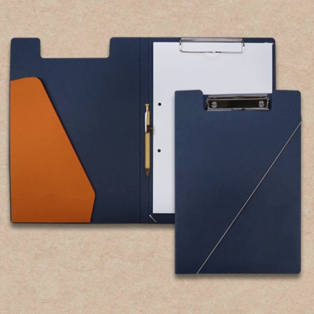 Werbeartikel: Klemm-mappen dunkelblau mit Steckfach orange und Holz-Kugelschreiber, Werbeartikel: Klemmmappen=Klemm-mappen dunkelblau mit Steckfach orange und Holz-Kugelschreiber,