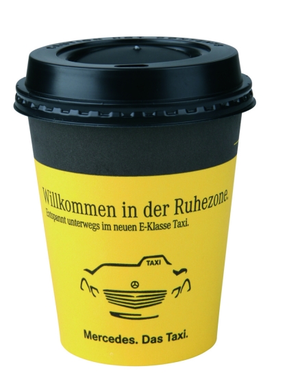 Werbeartikel: Kartontrink-becher mit Flexodruck und Deckel Werbeartikel: Becher mit Flexodrucken,=Kartontrink-becher mit Flexodruck und Deckel