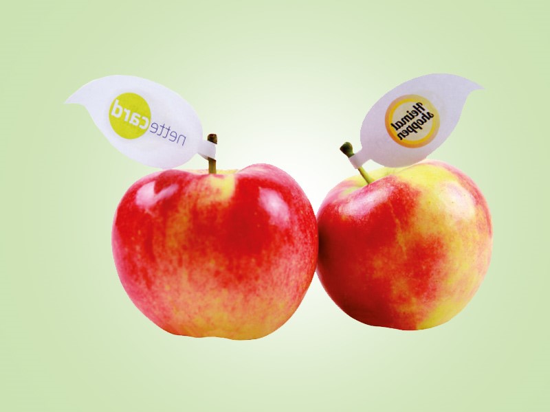 Werbeartikel: Obst-etiketten in Blattform