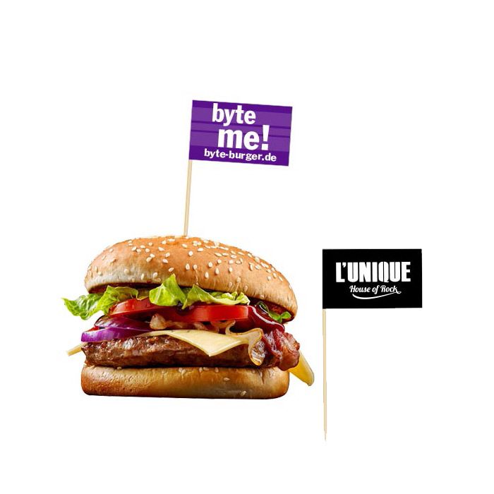 Werbeartikel: Burger Flags oder Zahnstocher Fähnchen 100 mm Werbeartikel: Burger Flags oder Zahnstocher Fähnchen 100 mm
