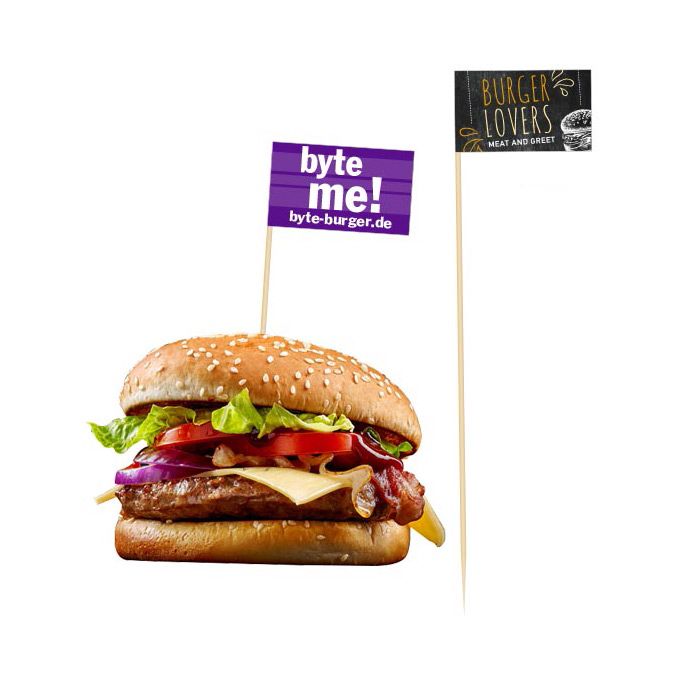 Werbeartikel: Burger Flags oder Zahnstocher Fähnchen 200 mm Werbeartikel: Flags Burger=Burger Flags oder Zahnstocher Fähnchen 200 mm