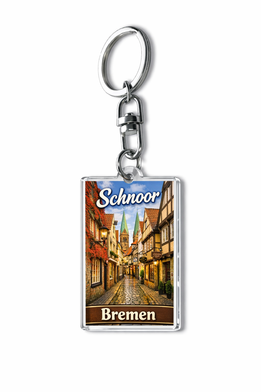 Werbeartikel: Plexi-Schl�sselanh�nger=Schl�sselanh�nger mit Schnoor‑Motiv aus Bremen